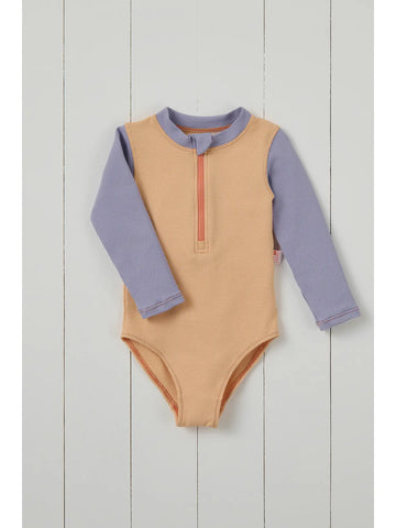 Grass & Air - Ribbed Long Sleeve Swimsuit - Peach and Lavender