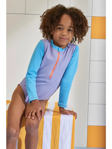 Grass & Air - Ribbed Long Sleeve Swimsuit - Cornflower and Lavender