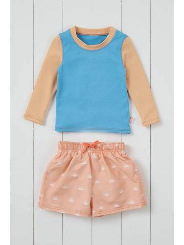 Grass & Air - Long Sleeve Rash Vest - Cornflower Blue and Peach