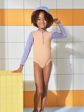 Grass & Air - Ribbed Long Sleeve Swimsuit - Peach and Lavender