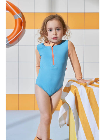 Grass & Air - Ribbed Long Sleeve Swimsuit - Cornflower and Peach
