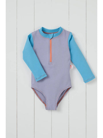 Grass & Air - Ribbed Long Sleeve Swimsuit - Cornflower and Lavender