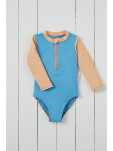 Grass & Air - Ribbed Long Sleeve Swimsuit - Cornflower and Peach